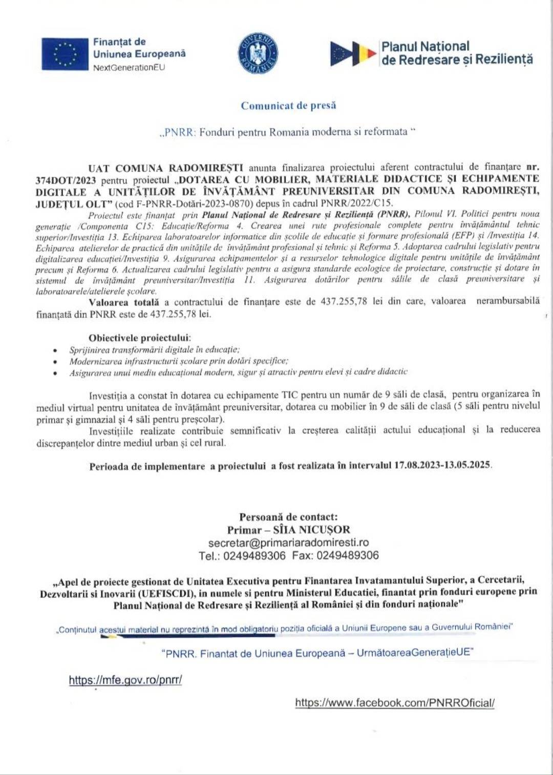Îndemn la atenție: Comunicat important din partea Comunei Radomirești